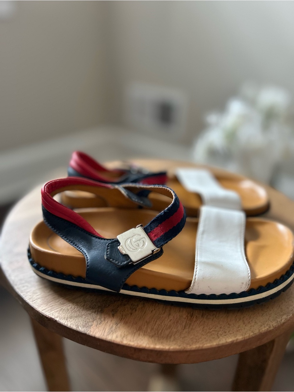 Gucci Kids Navy, White & Red Slide Sandals with Metal Logo